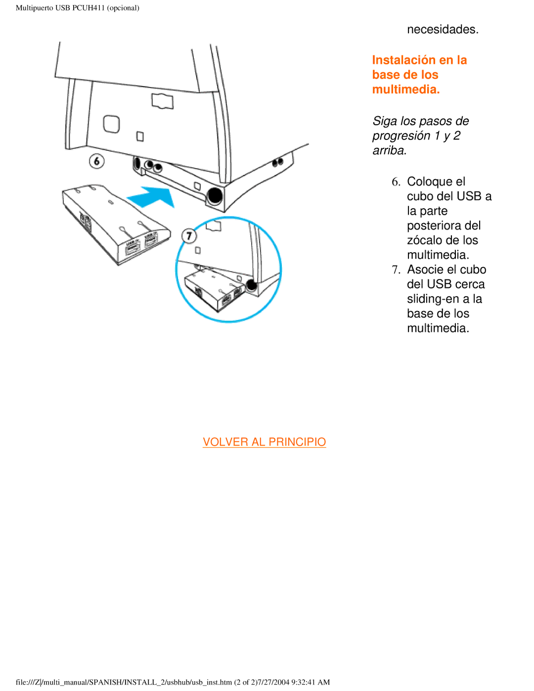 Philips 107B user manual Instalación en la base de los multimedia, Siga los pasos de progresión 1 y 2 arriba 