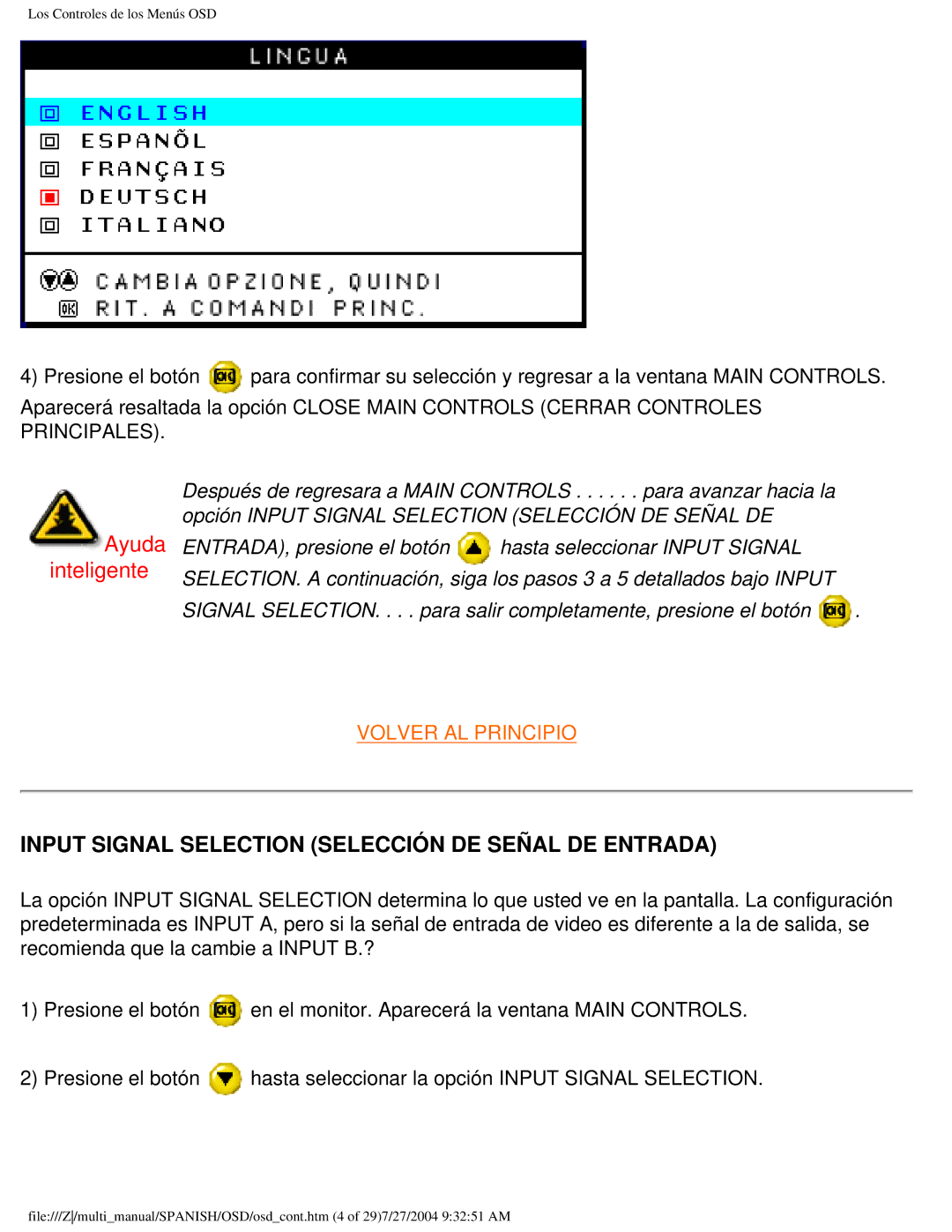 Philips 107B user manual Ayuda inteligente, Input Signal Selection Selección DE Señal DE Entrada 