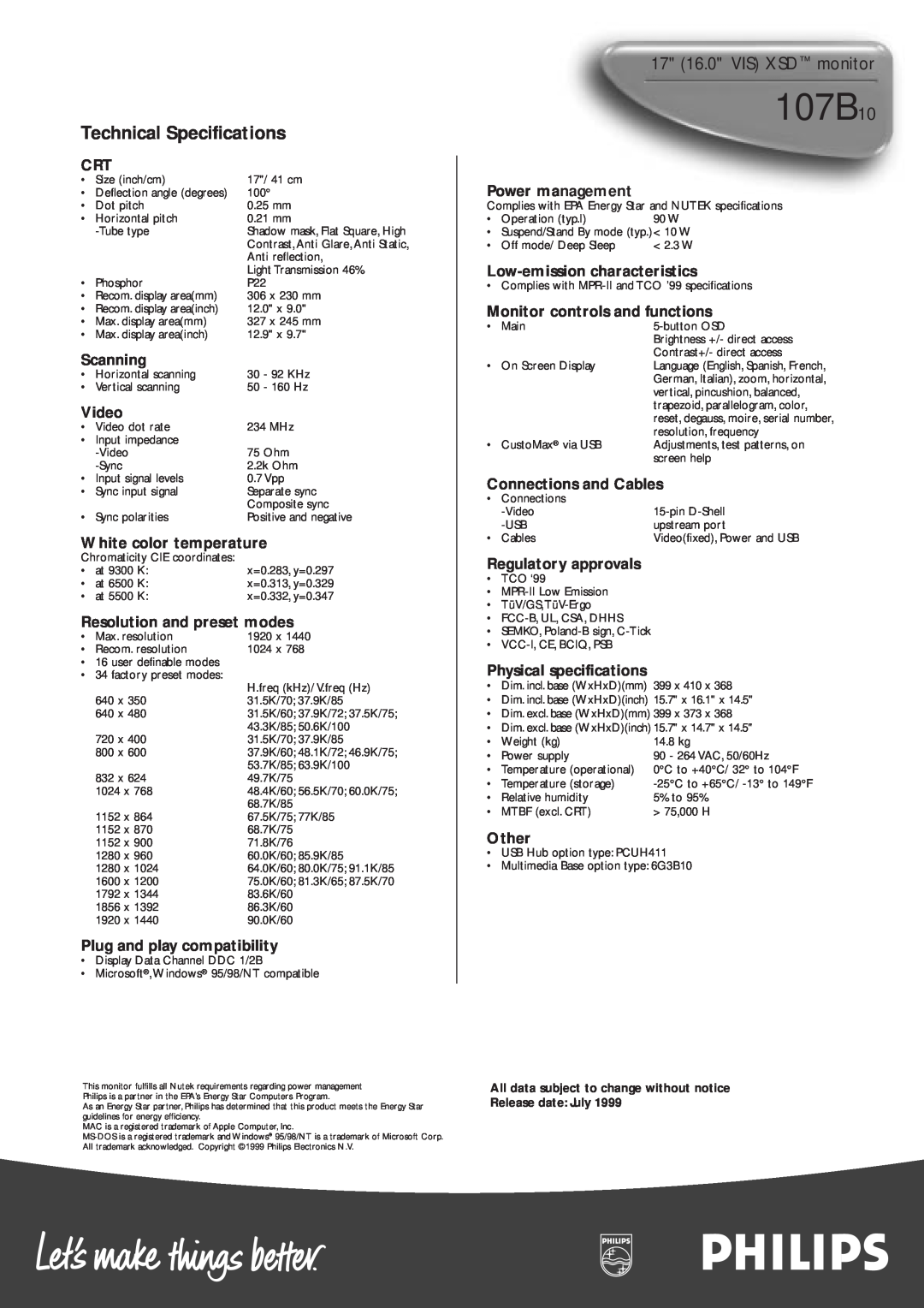 Philips 107B10 manual Technical Specifications, 17 16.0 VIS XSD monitor 