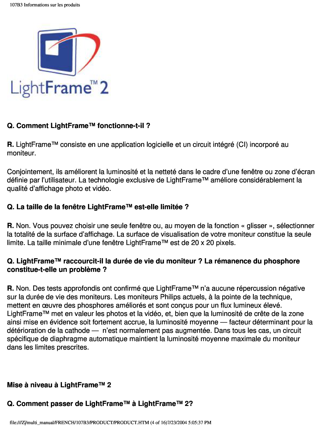Philips Q. Comment LightFrame fonctionne-t-il?, Mise à niveau à LightFrame, 107B3 Informations sur les produits 