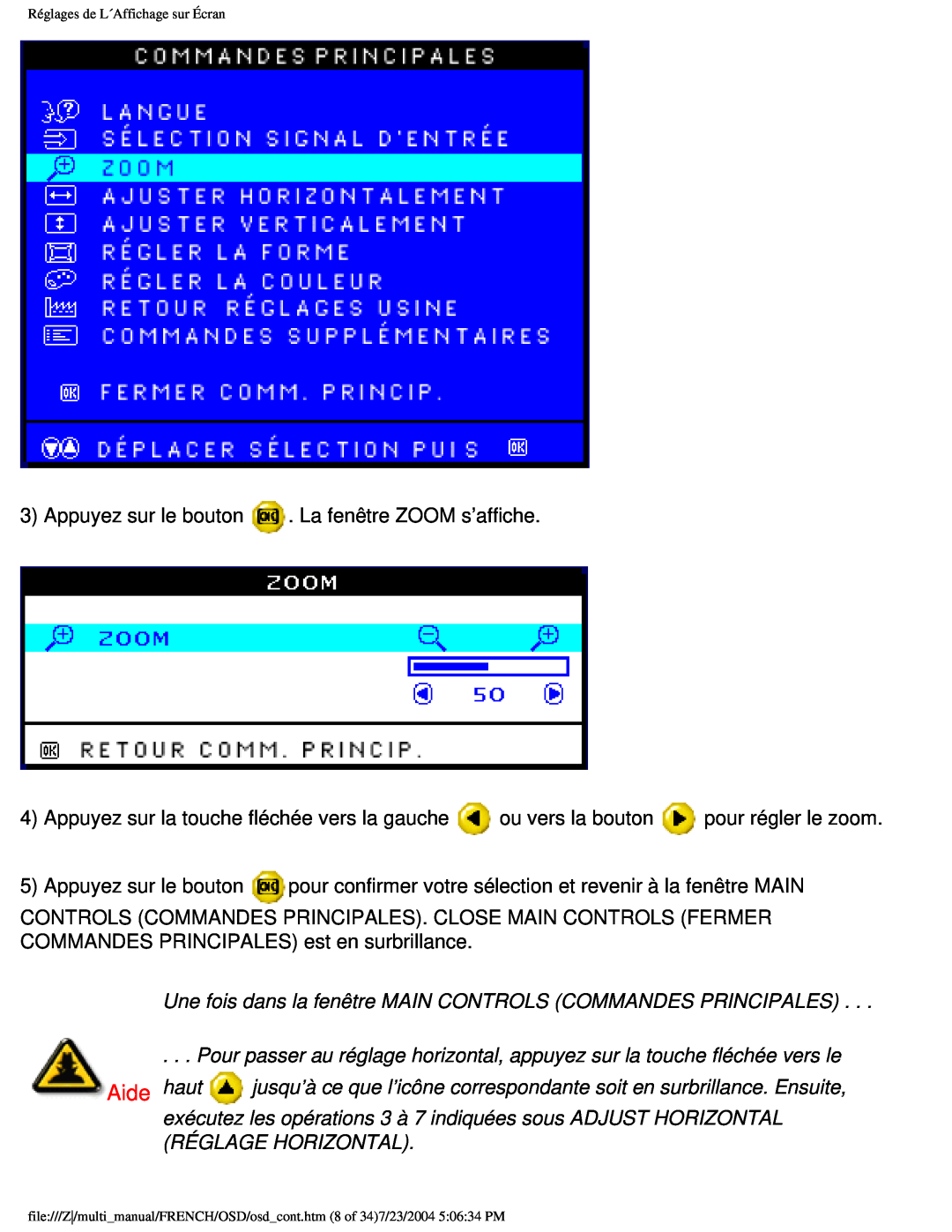 Philips 107B3 user manual Réglages de L´Affichage sur Écran 