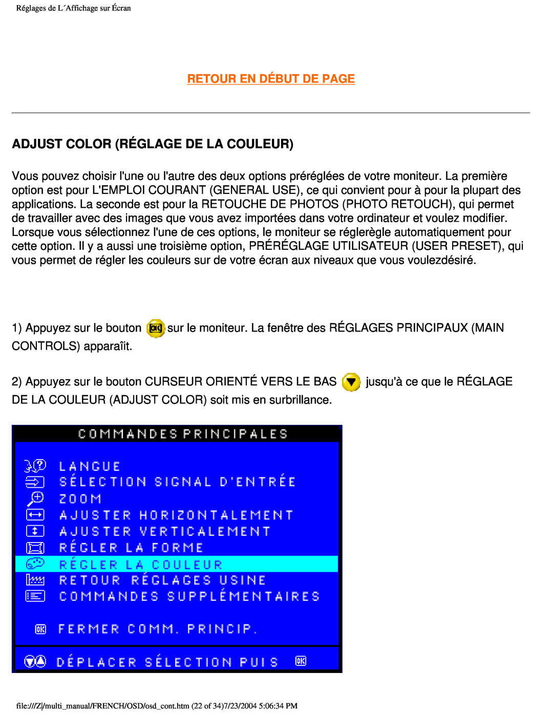 Philips 107B3 user manual Adjust Color Réglage De La Couleur, Retour En Début De Page 