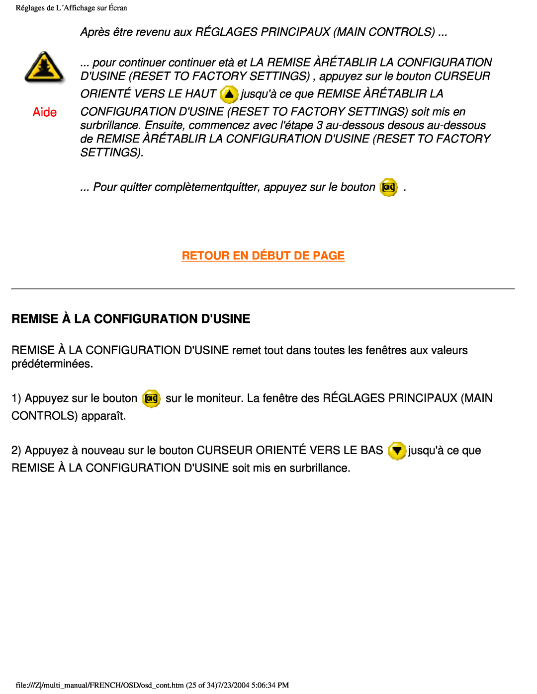 Philips 107B3 user manual Remise À La Configuration Dusine, Retour En Début De Page 