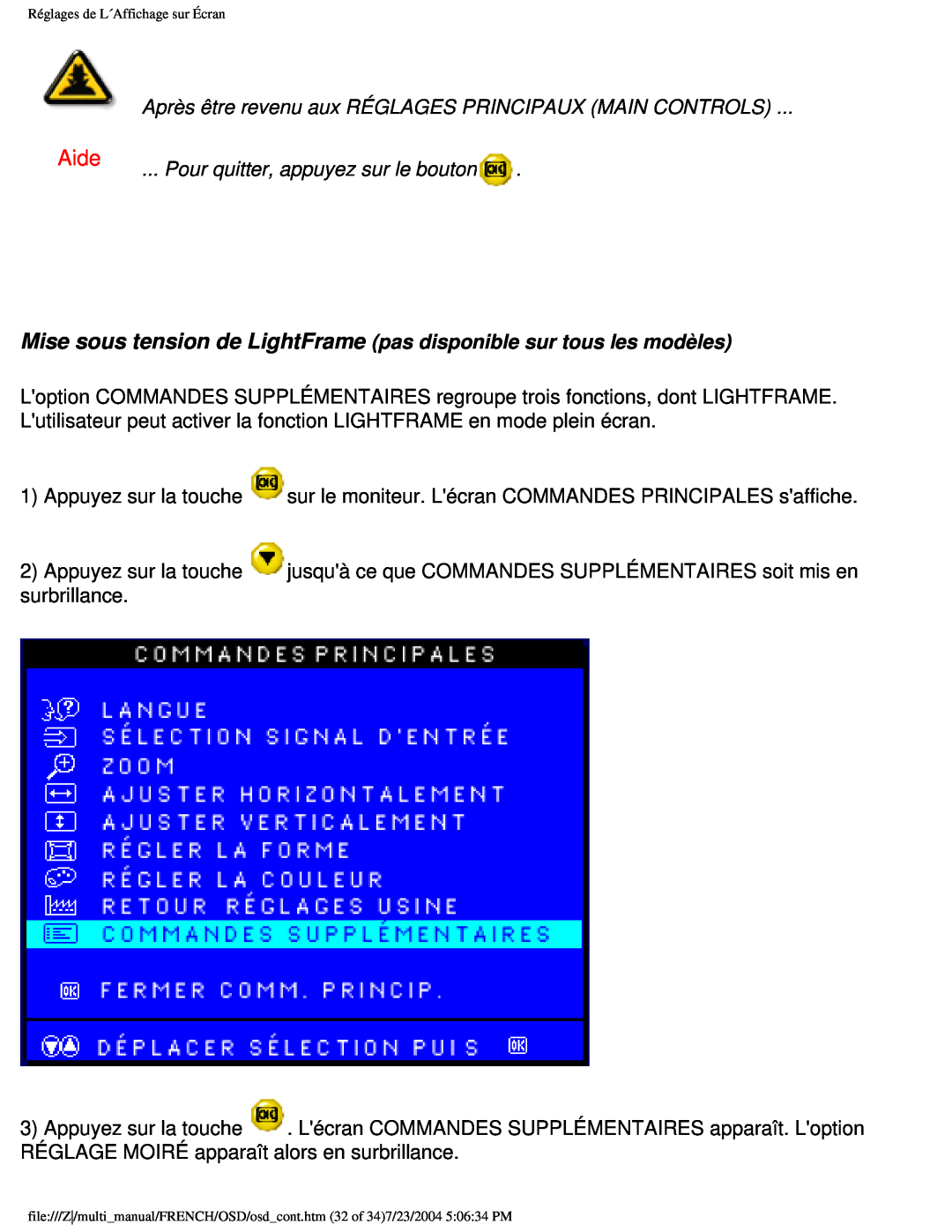 Philips 107B3 user manual Aide, Réglages de L´Affichage sur Écran 
