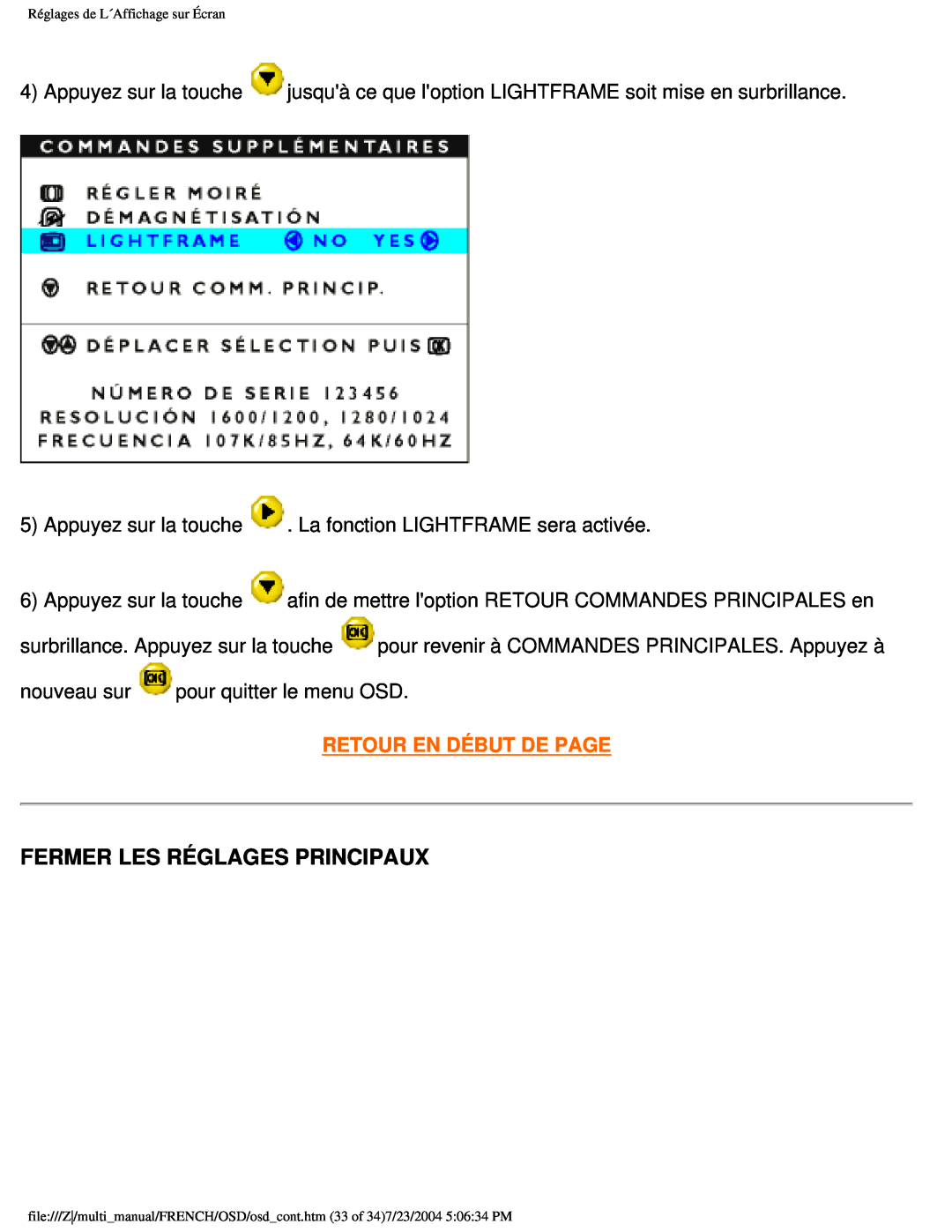 Philips 107B3 user manual Fermer Les Réglages Principaux, Retour En Début De Page 