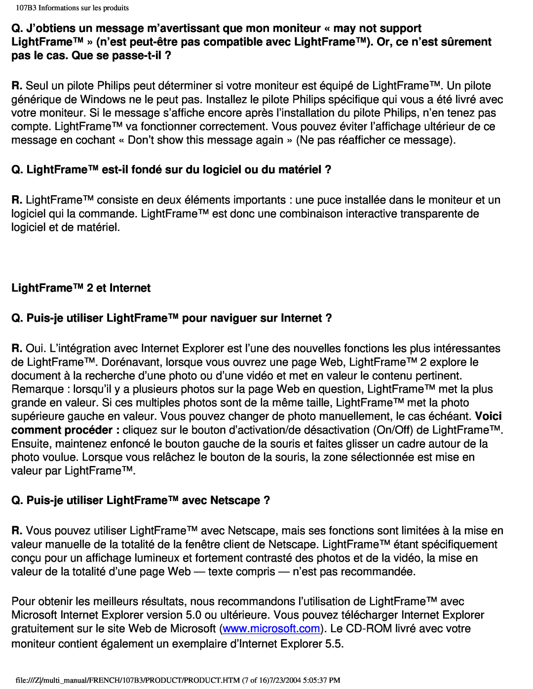 Philips 107B3 user manual LightFrame 2 et Internet 