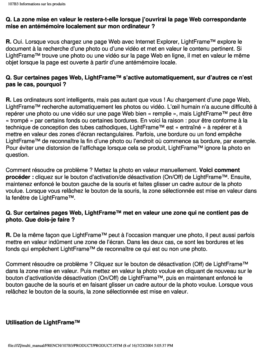 Philips 107B3 user manual Utilisation de LightFrame 