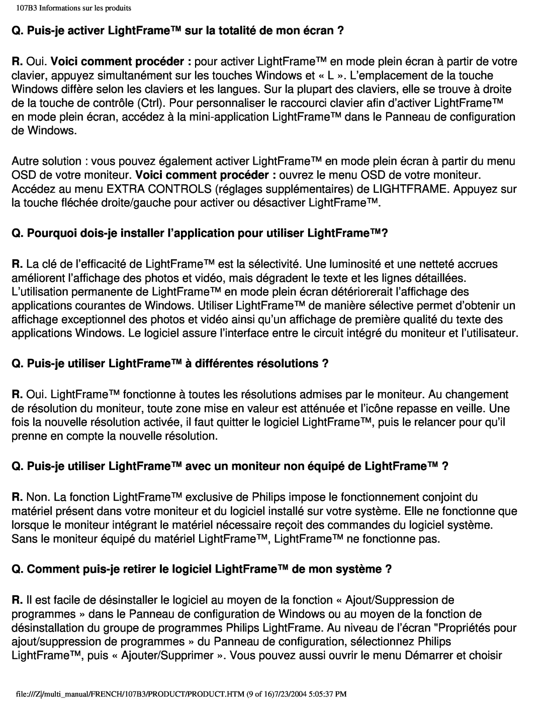 Philips user manual 107B3 Informations sur les produits 