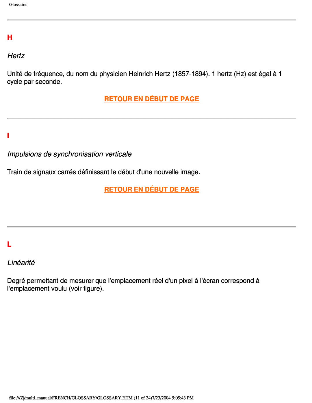Philips 107B3 user manual Hertz, Impulsions de synchronisation verticale, Linéarité, Retour En Début De Page 