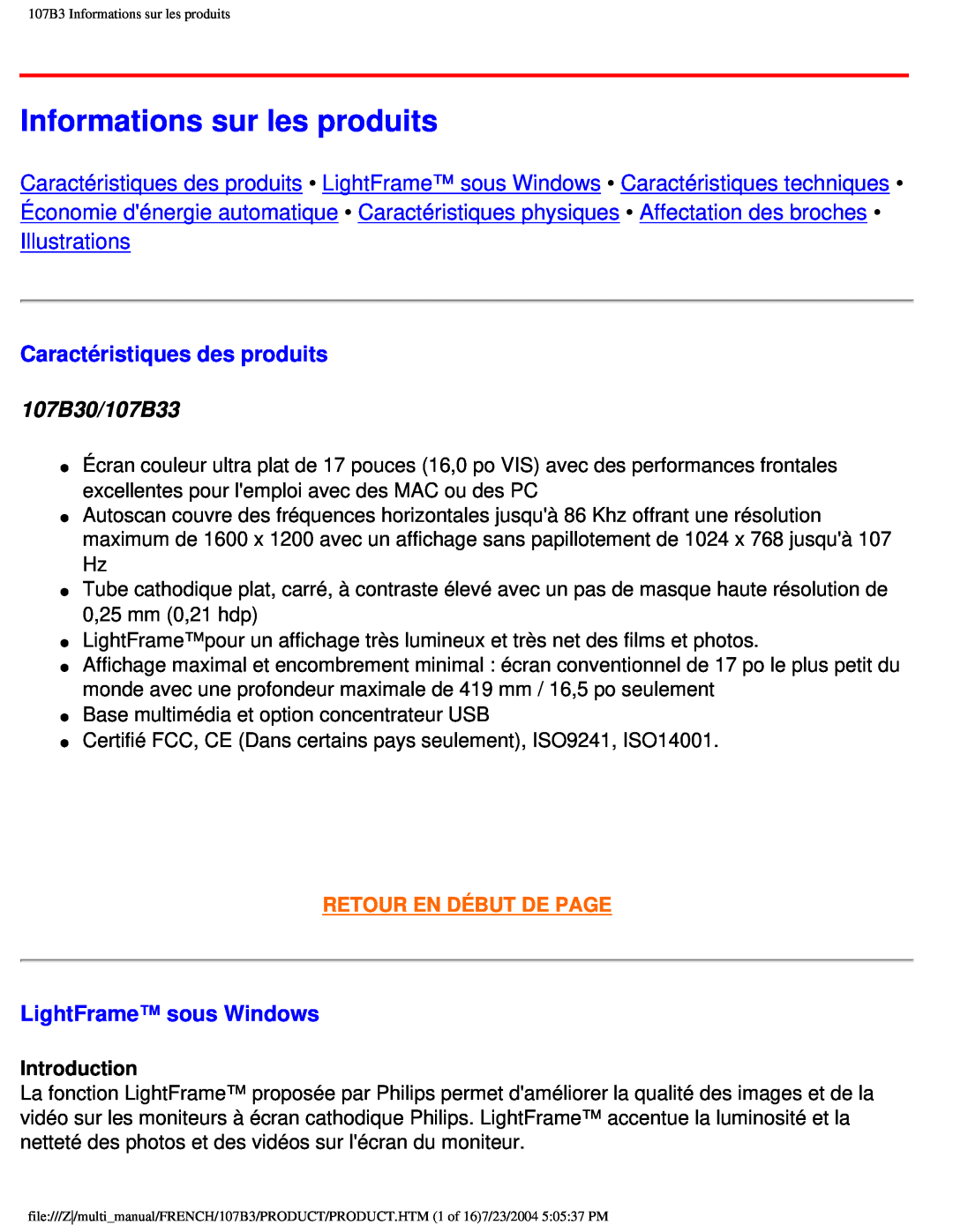 Philips user manual Informations sur les produits, Caractéristiques des produits, 107B30/107B33, LightFrame sous Windows 