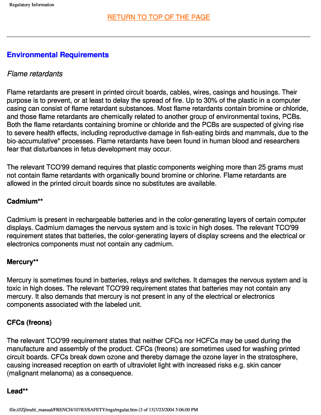 Philips 107B3 user manual Environmental Requirements, Flame retardants, Return To Top Of The Page 