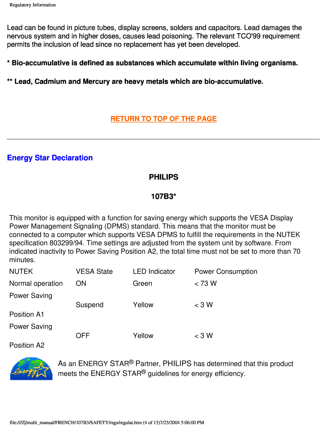 Philips user manual Energy Star Declaration, PHILIPS 107B3, Return To Top Of The Page 