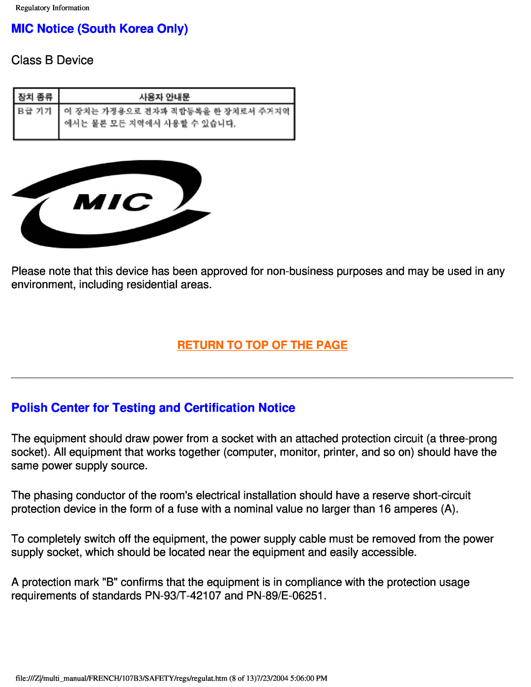 Philips 107B3 user manual MIC Notice South Korea Only, Class B Device, Return To Top Of The Page 