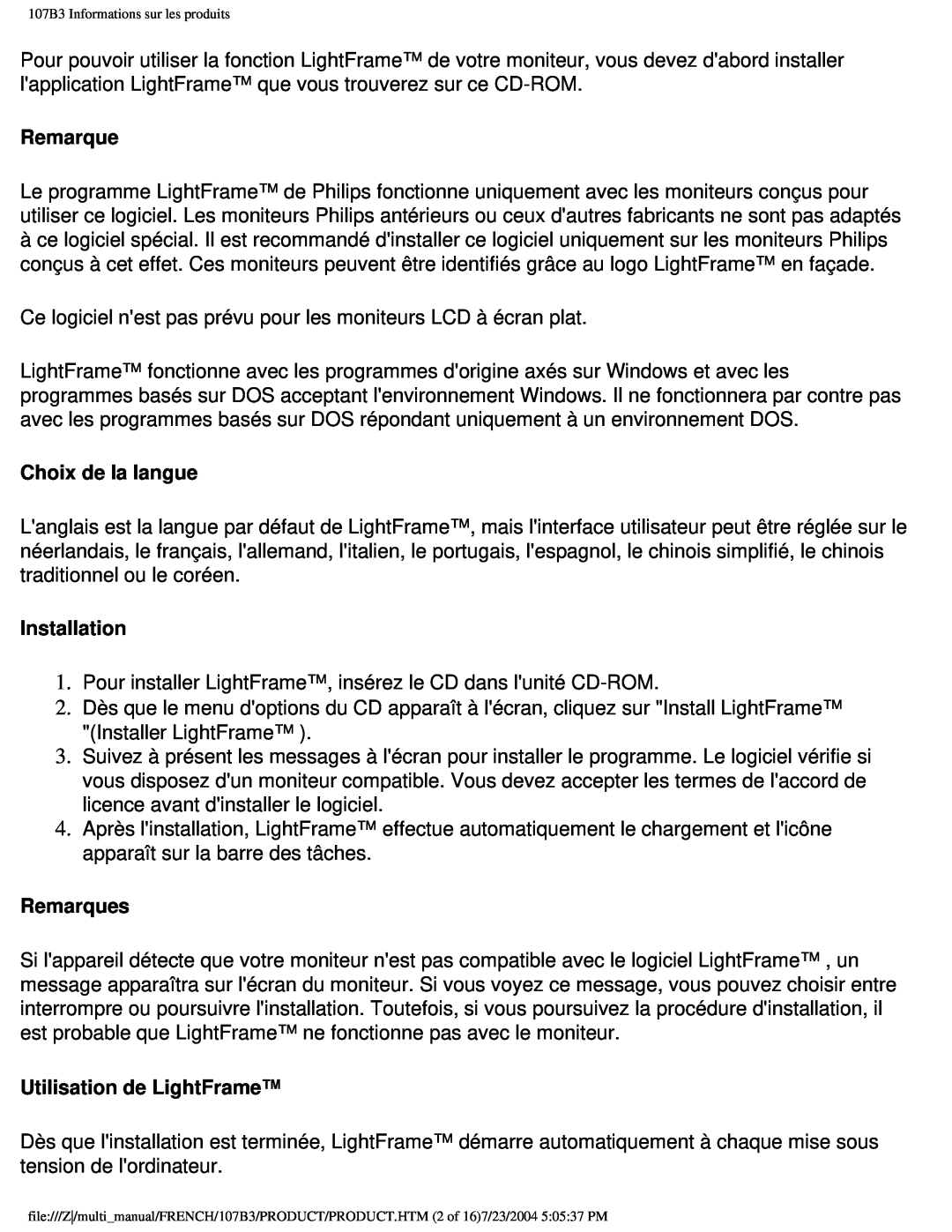 Philips 107B3 user manual Choix de la langue, Installation, Remarques, Utilisation de LightFrame 