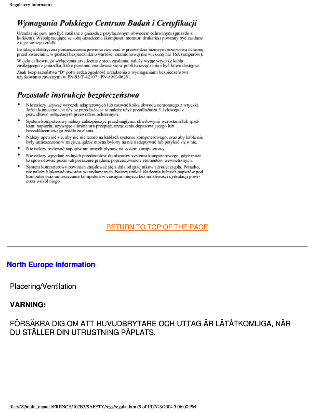 Philips 107B3 user manual North Europe Information, Varning, Return To Top Of The Page, Regulatory Information 