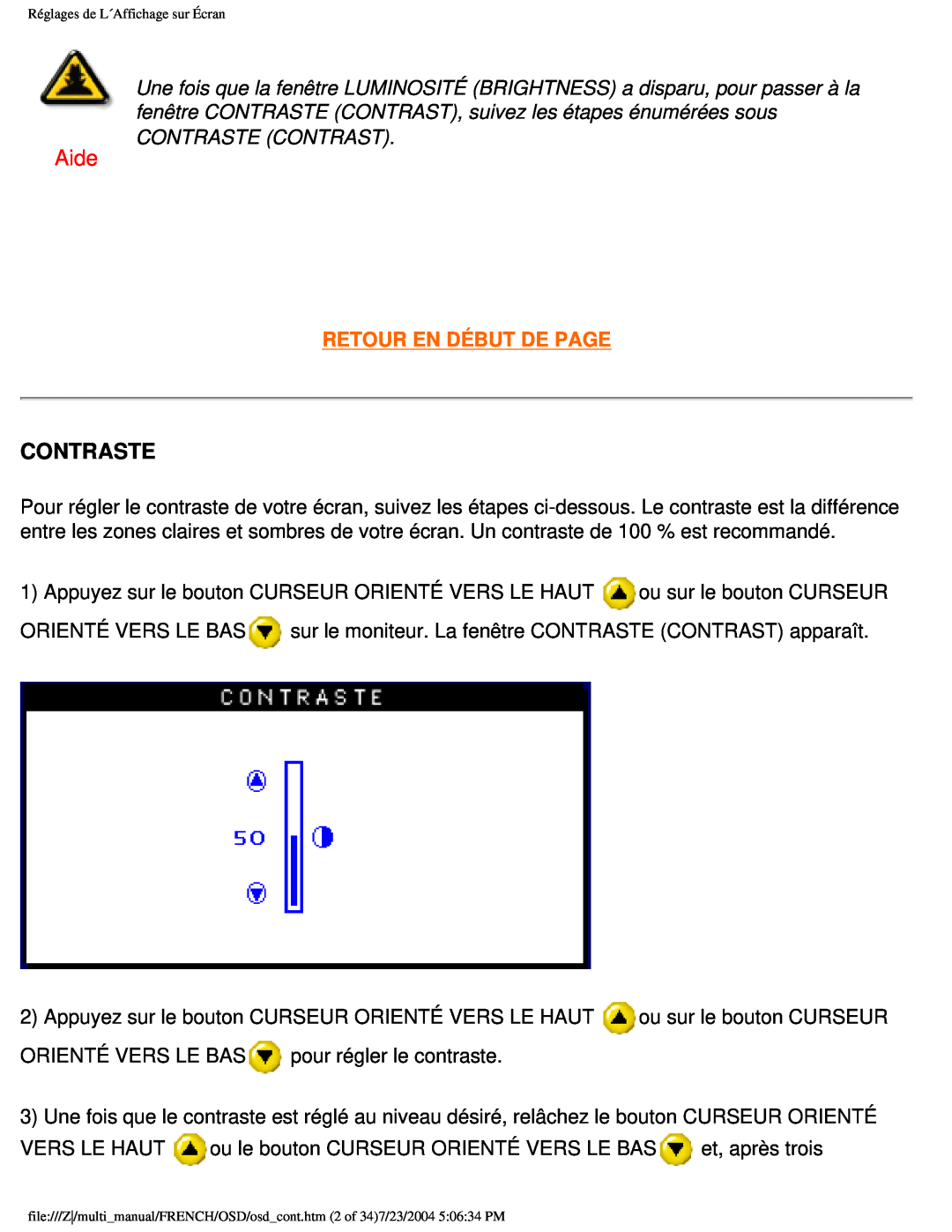 Philips 107B3 user manual Aide, Contraste, Retour En Début De Page 