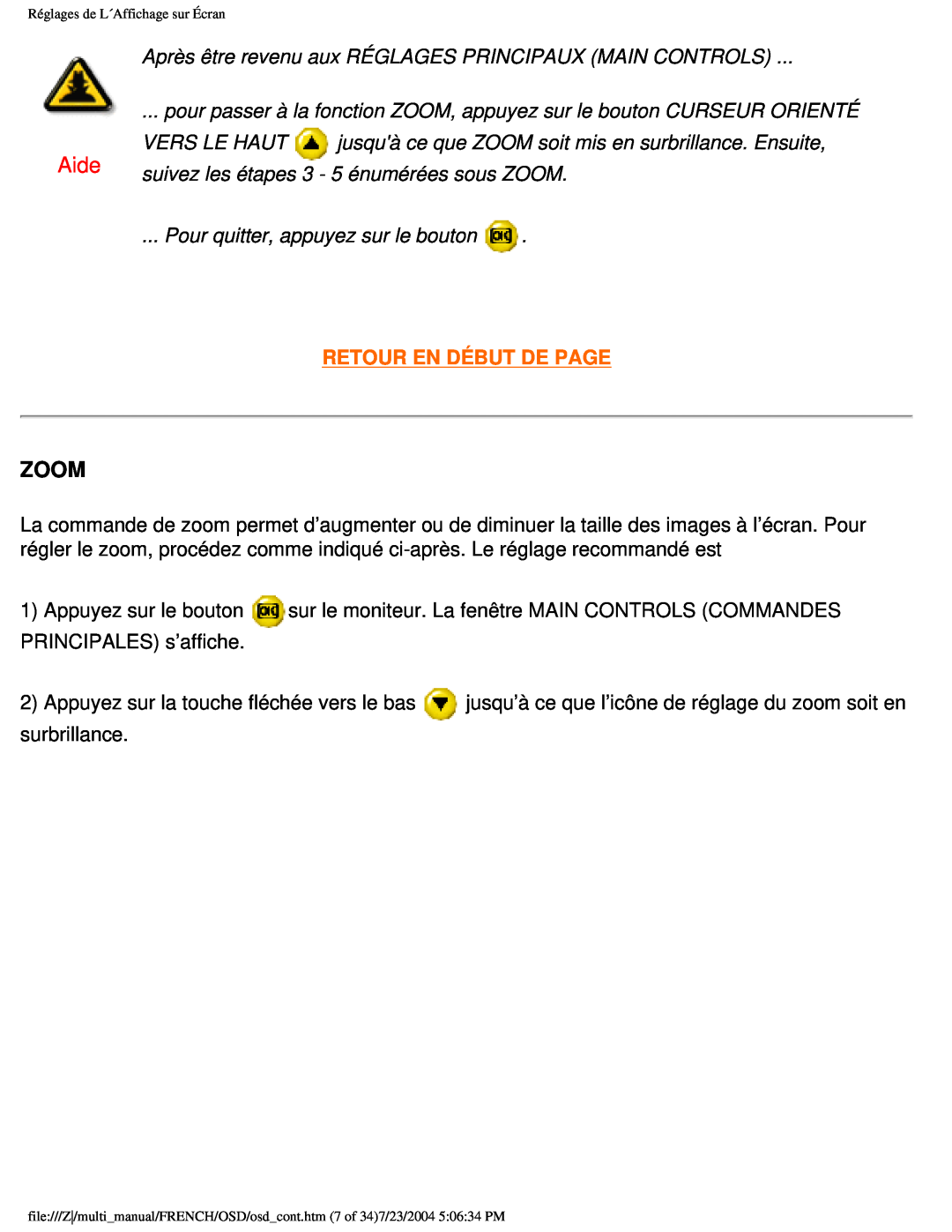 Philips 107B3 user manual Aide, Zoom, Retour En Début De Page 