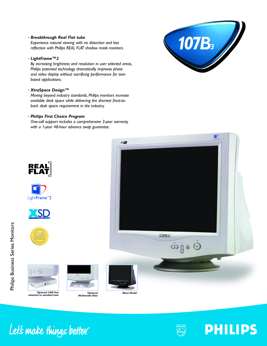 Philips 107B3 warranty · Breakthrough Real Flat tube, · LightFrame2, · XtraSpace Design, · Philips First Choice Program 