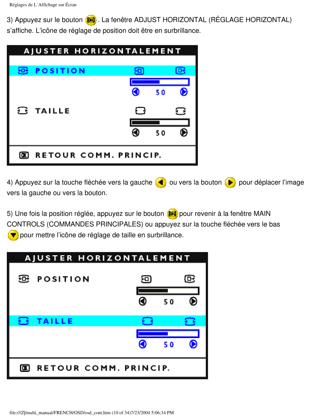 Philips 107B3 user manual Réglages de L´Affichage sur Écran 