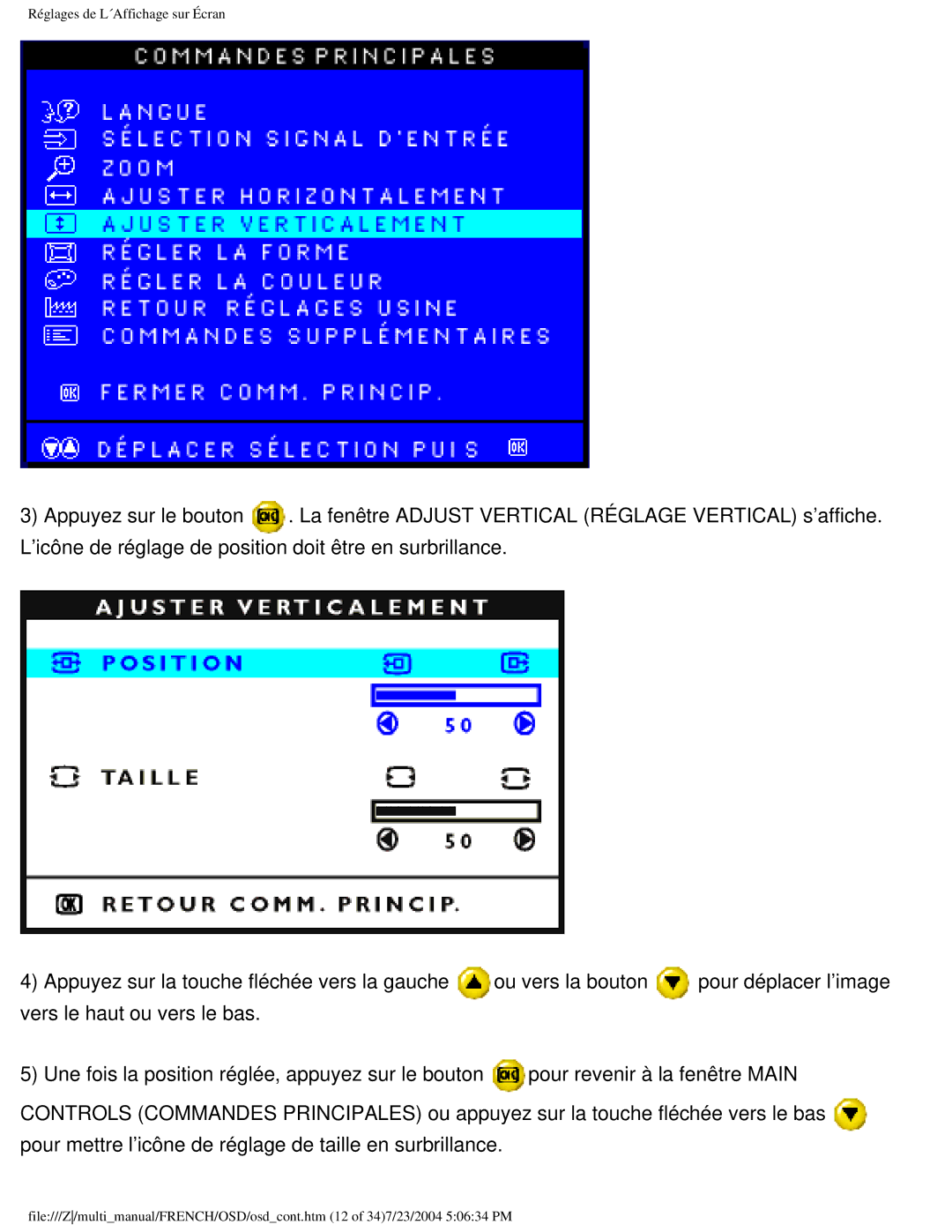 Philips 107B3 user manual Réglages de L´Affichage sur Écran 