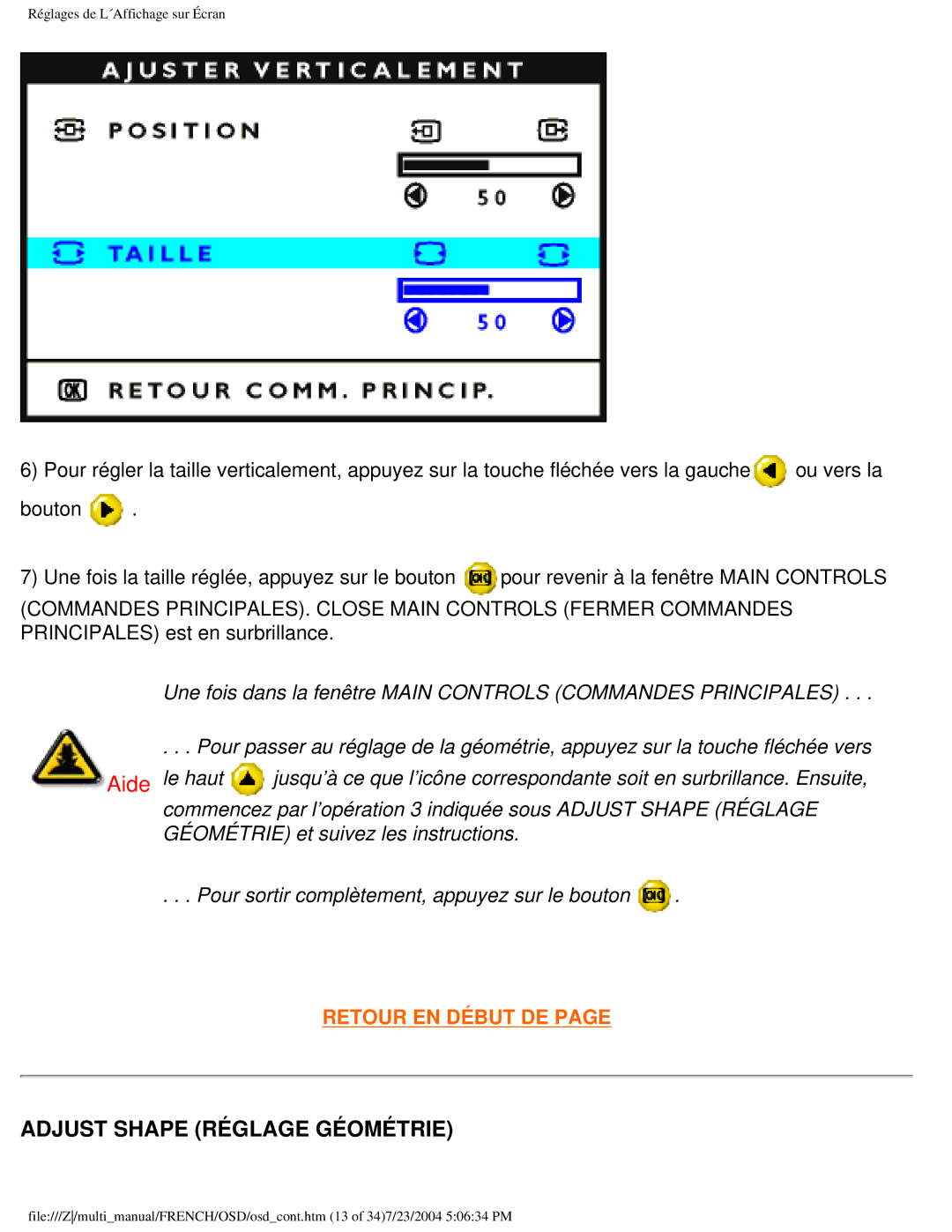 Philips 107B3 user manual Adjust Shape Réglage Géométrie 