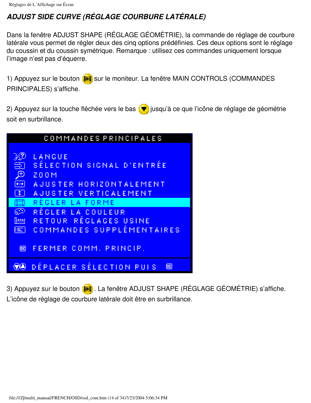 Philips 107B3 user manual Adjust Side Curve Réglage Courbure Latérale 