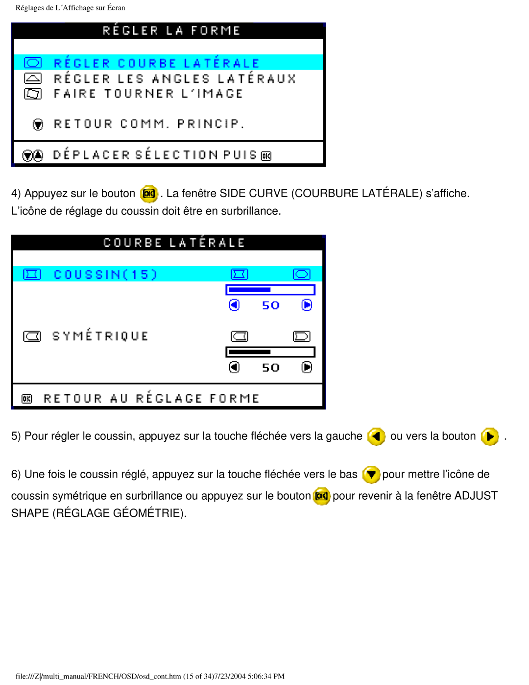 Philips 107B3 user manual Réglages de L´Affichage sur Écran 