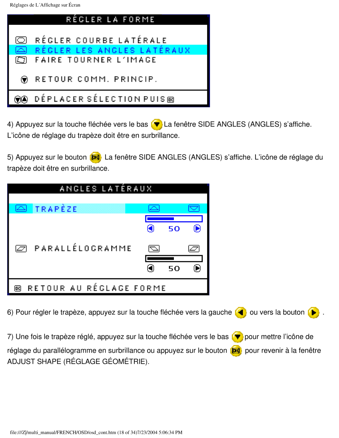 Philips 107B3 user manual Adjust Shape Réglage Géométrie 