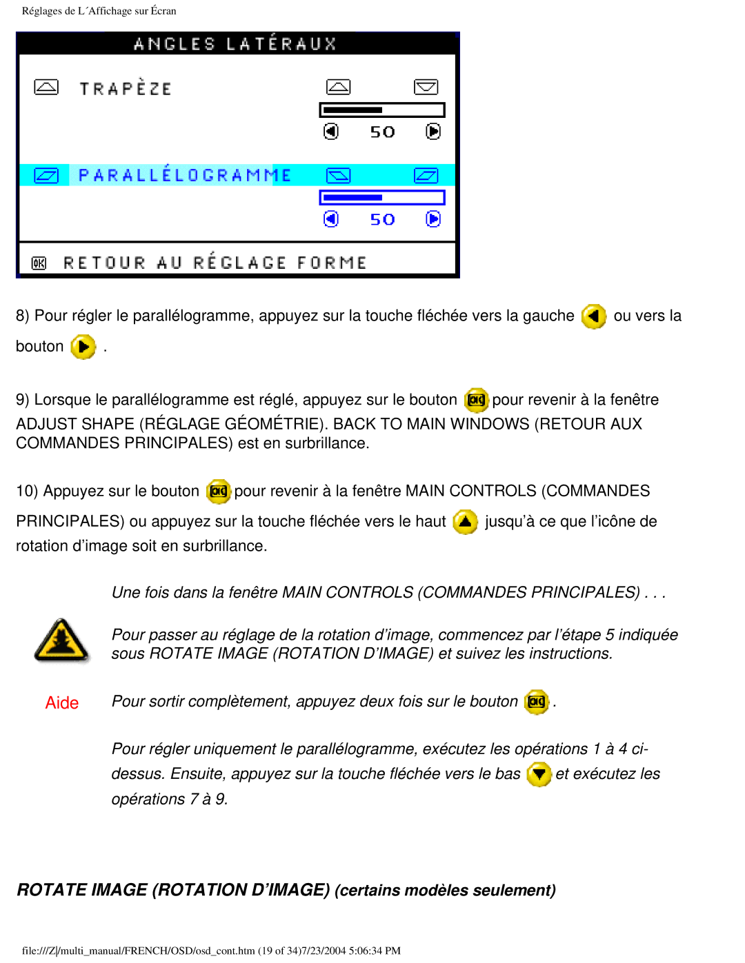 Philips 107B3 user manual Rotate Image Rotation D’IMAGE certains modèles seulement 