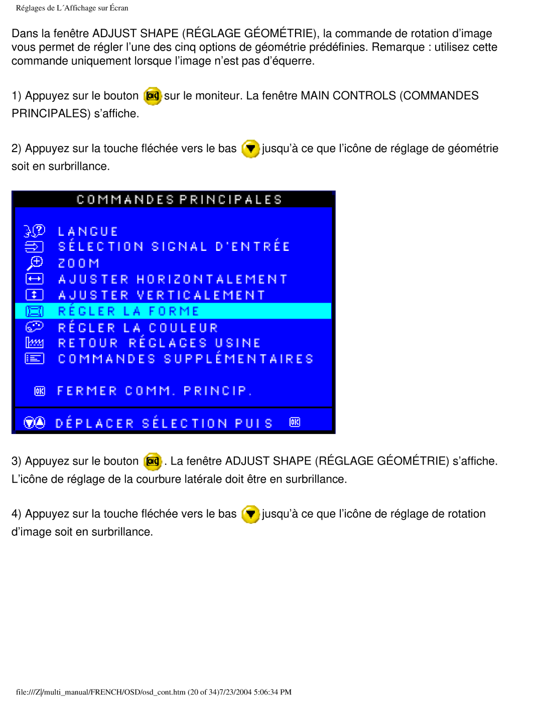 Philips 107B3 user manual Réglages de L´Affichage sur Écran 