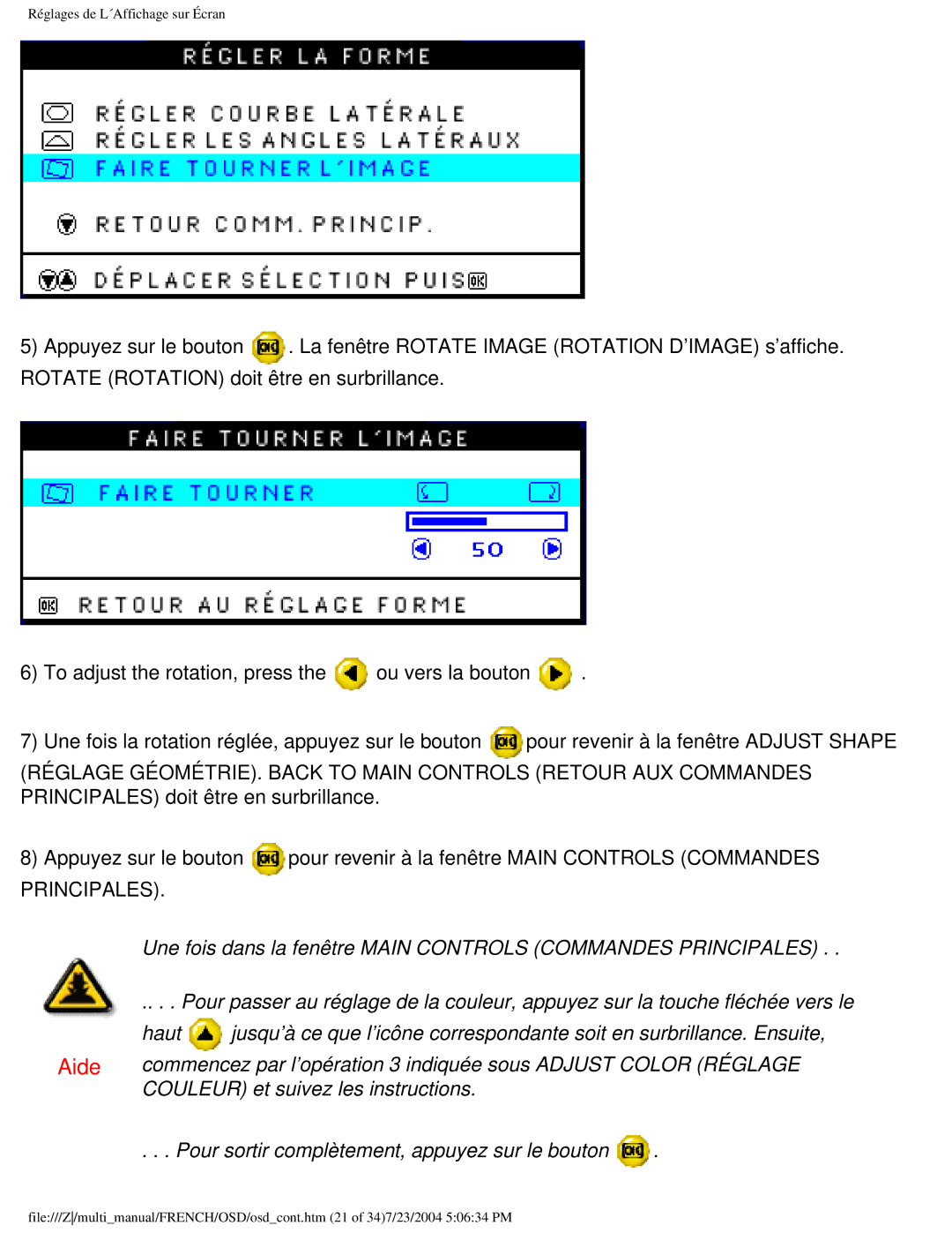 Philips 107B3 user manual Réglages de L´Affichage sur Écran 