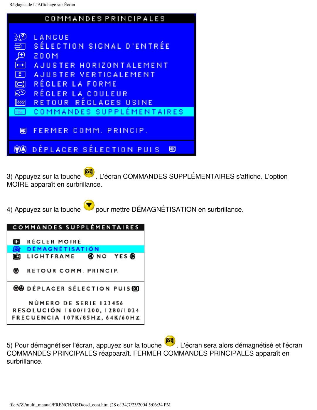 Philips 107B3 user manual Réglages de L´Affichage sur Écran 