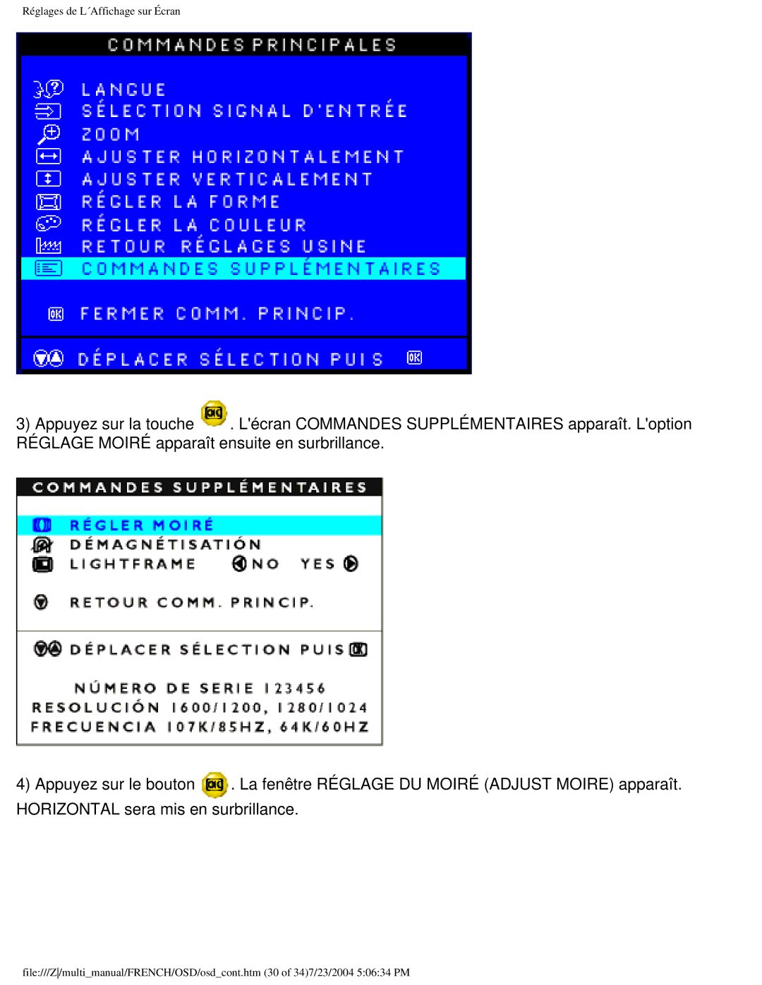 Philips 107B3 user manual Réglages de L´Affichage sur Écran 