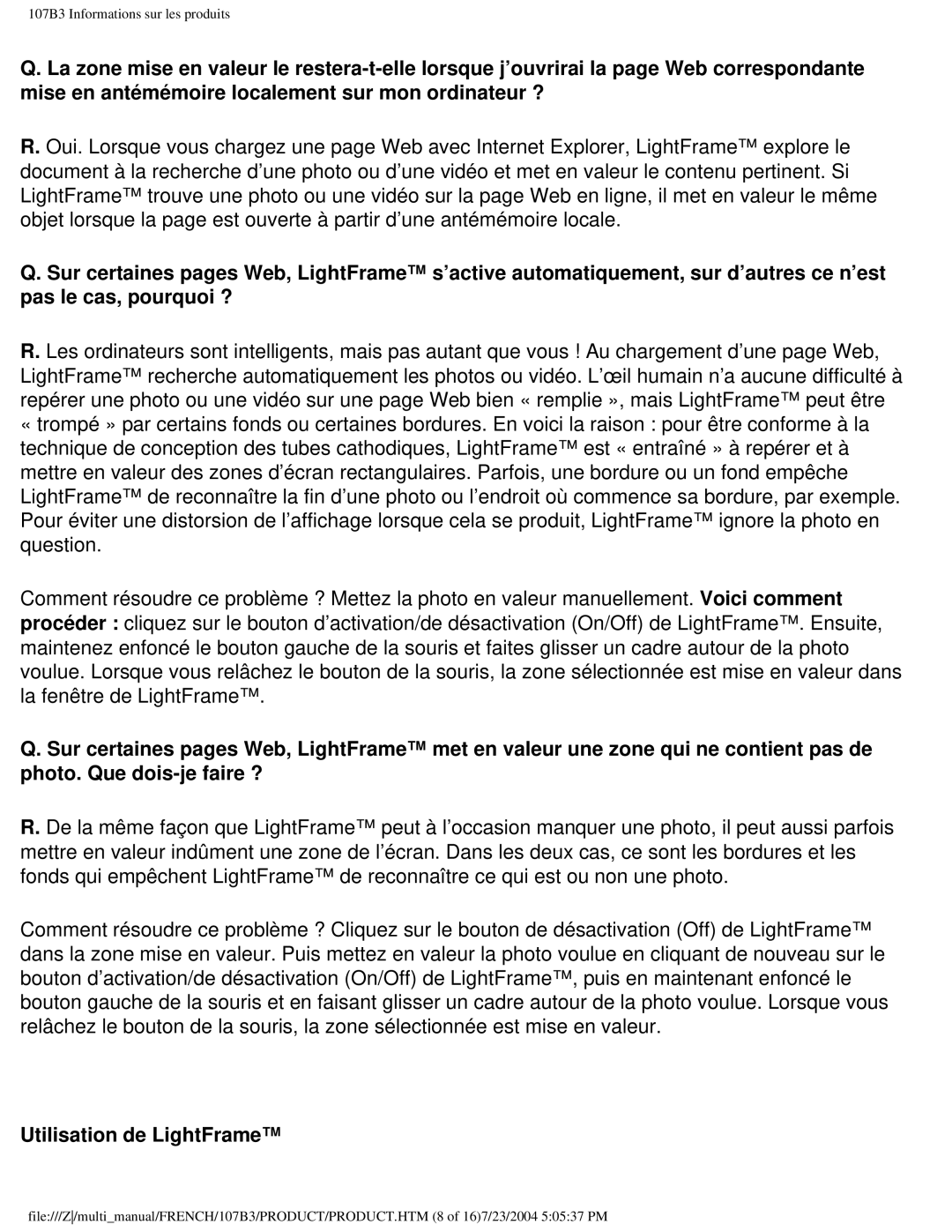 Philips 107B3 user manual Utilisation de LightFrame 