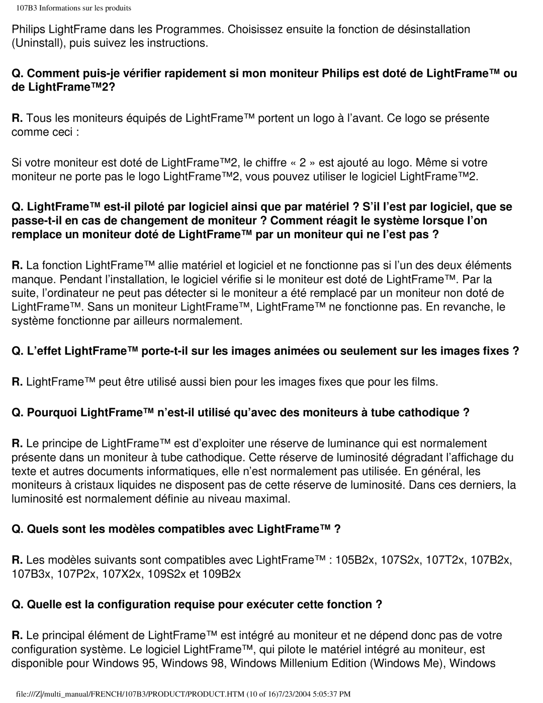 Philips 107B3 user manual Quels sont les modèles compatibles avec LightFrame ? 