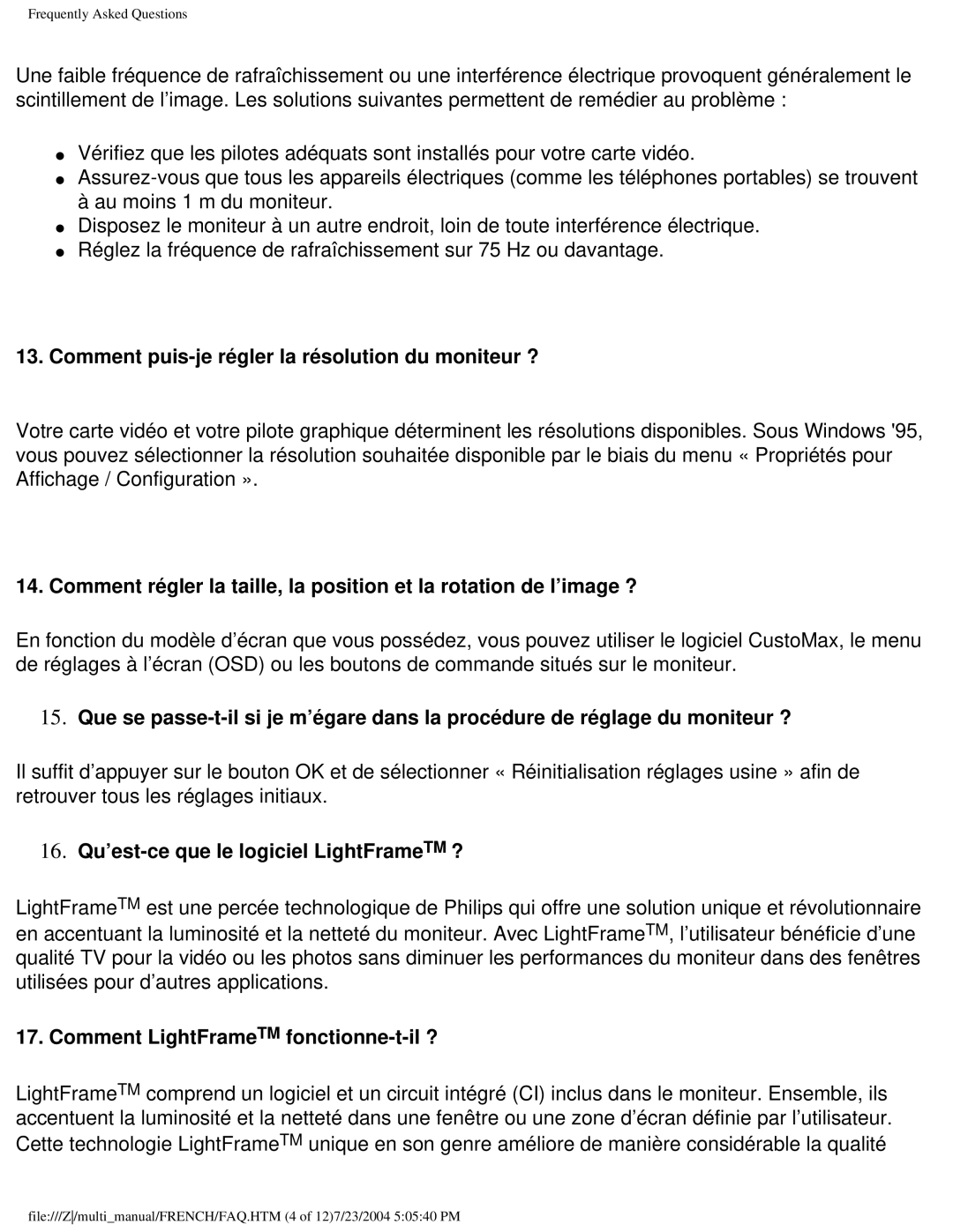 Philips 107B3 user manual Comment puis-je régler la résolution du moniteur ?, 16. Qu’est-ce que le logiciel LightFrameTM ? 