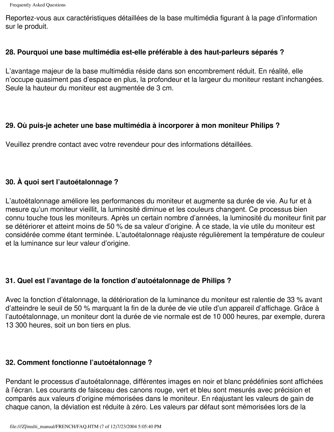 Philips 107B3 user manual 30. À quoi sert l’autoétalonnage ?, Comment fonctionne l’autoétalonnage ? 