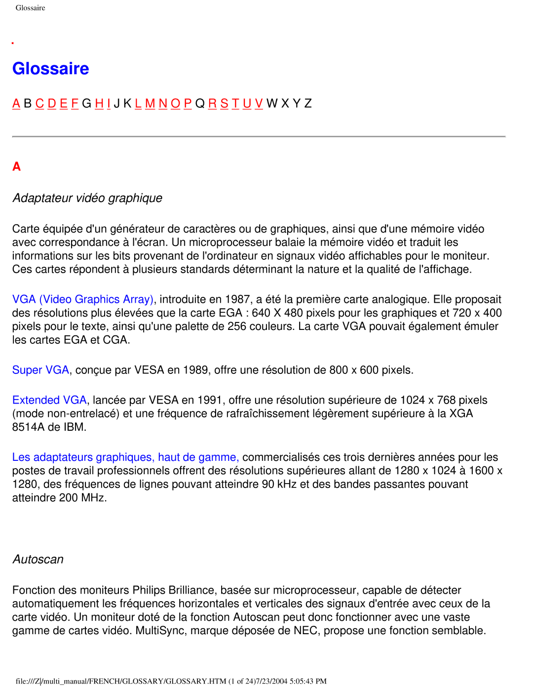 Philips 107B3 user manual Glossaire, Adaptateur vidéo graphique, Autoscan 