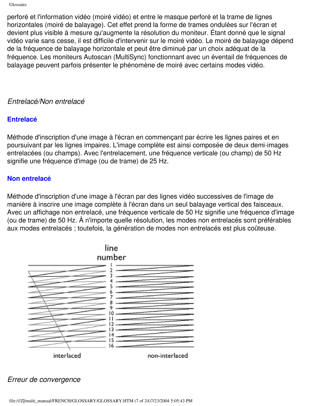 Philips 107B3 user manual Entrelacé/Non entrelacé, Erreur de convergence 