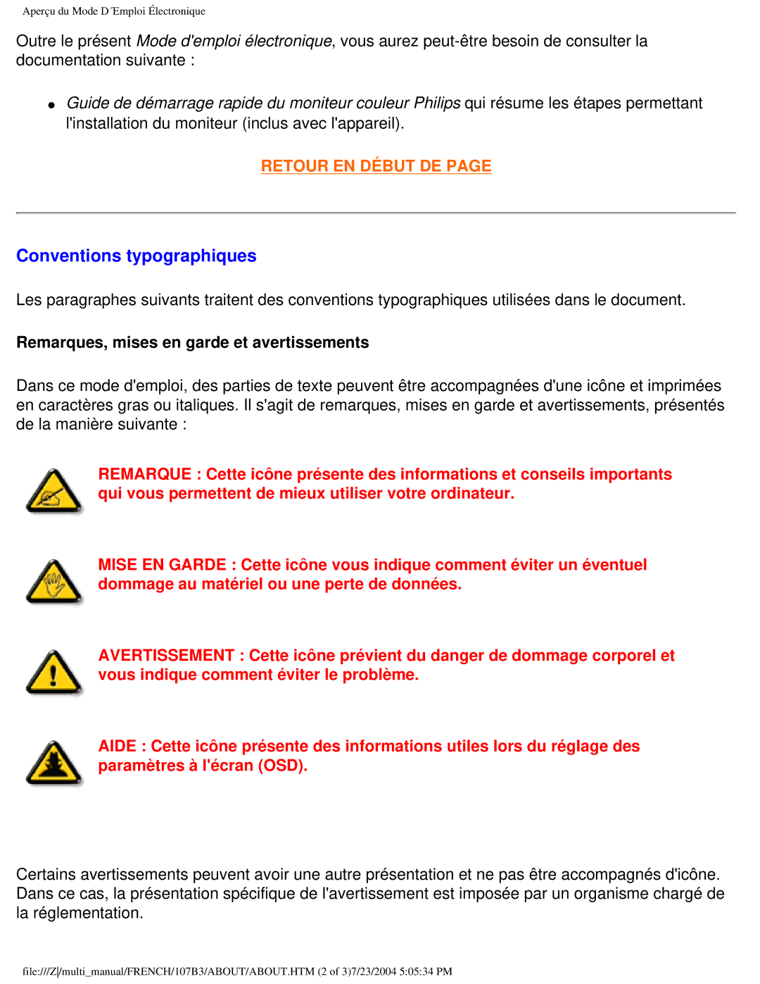 Philips 107B3 user manual Conventions typographiques, Remarques, mises en garde et avertissements 