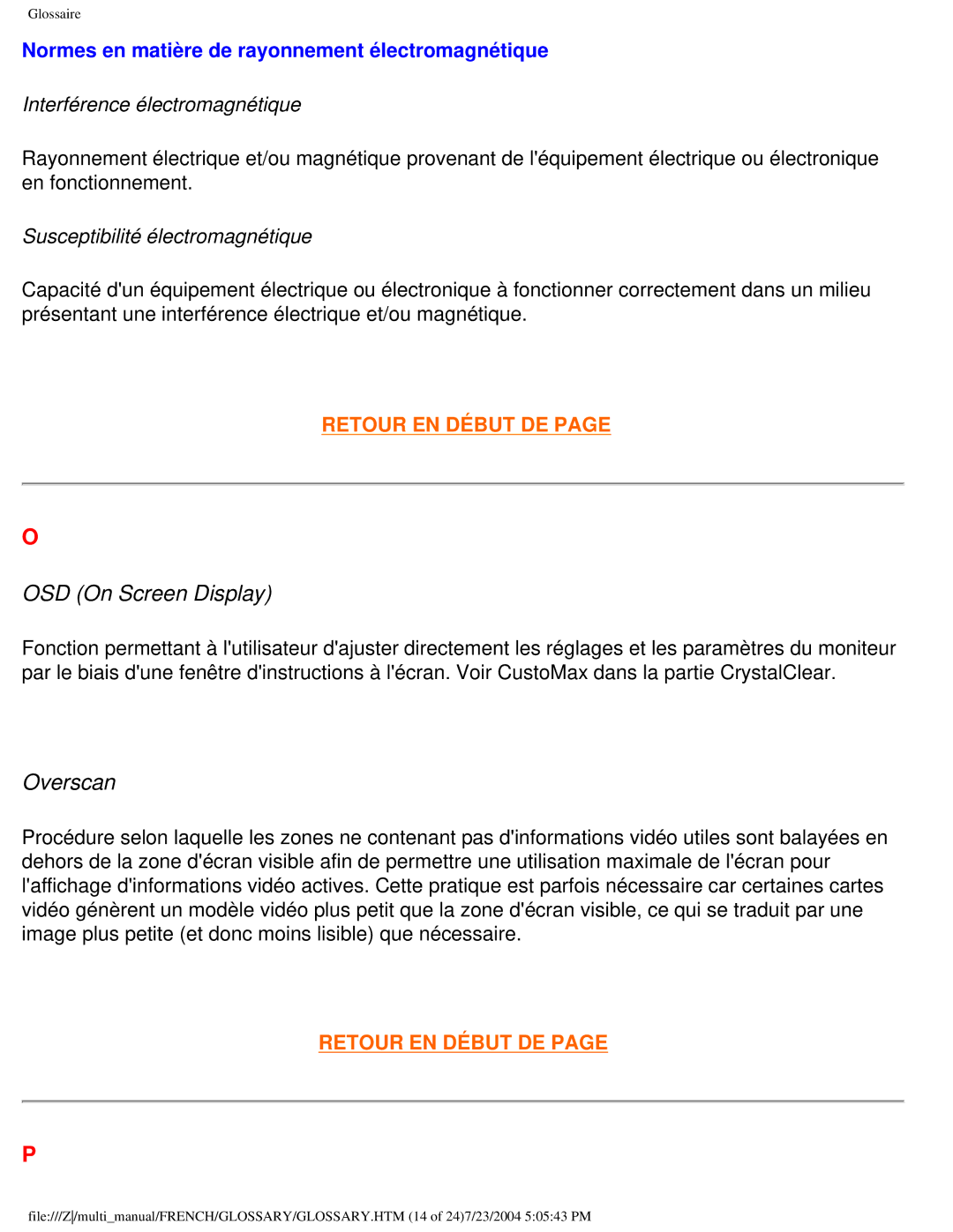 Philips 107B3 user manual OSD On Screen Display, Overscan 