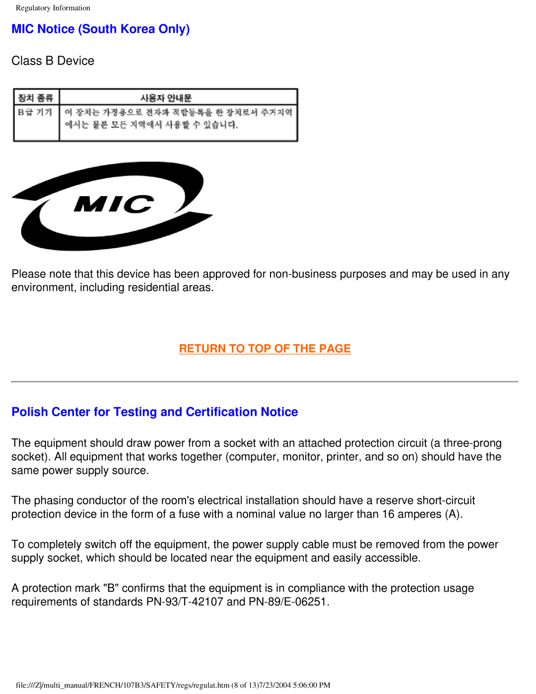 Philips 107B3 user manual MIC Notice South Korea Only, Polish Center for Testing and Certification Notice 