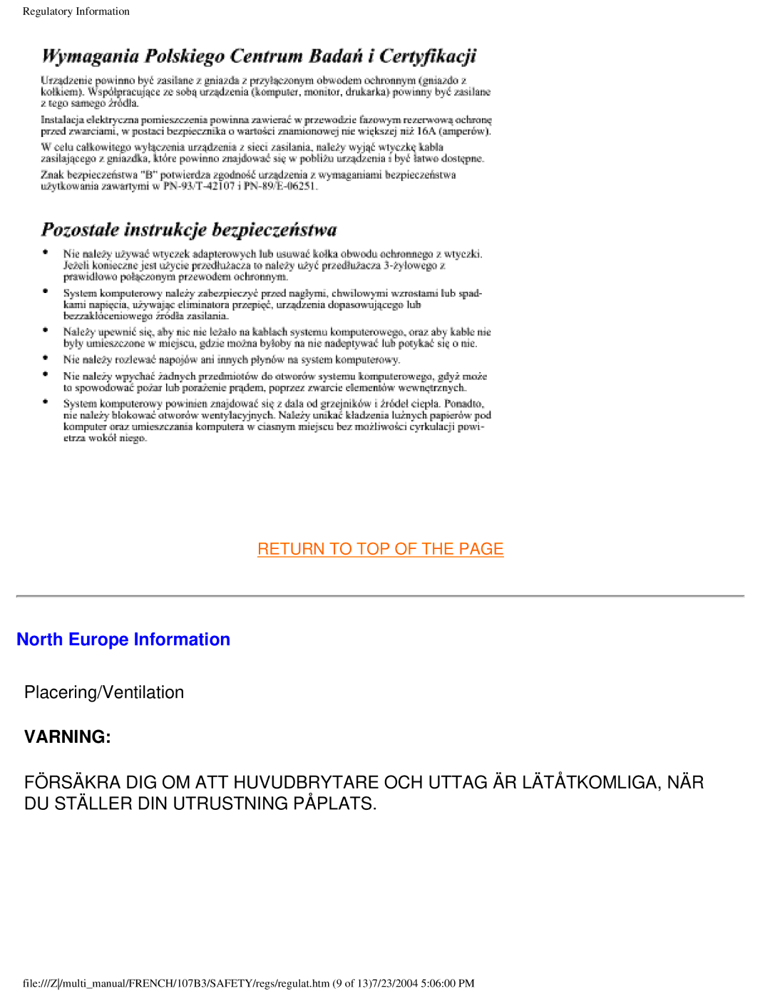 Philips 107B3 user manual North Europe Information, Varning 