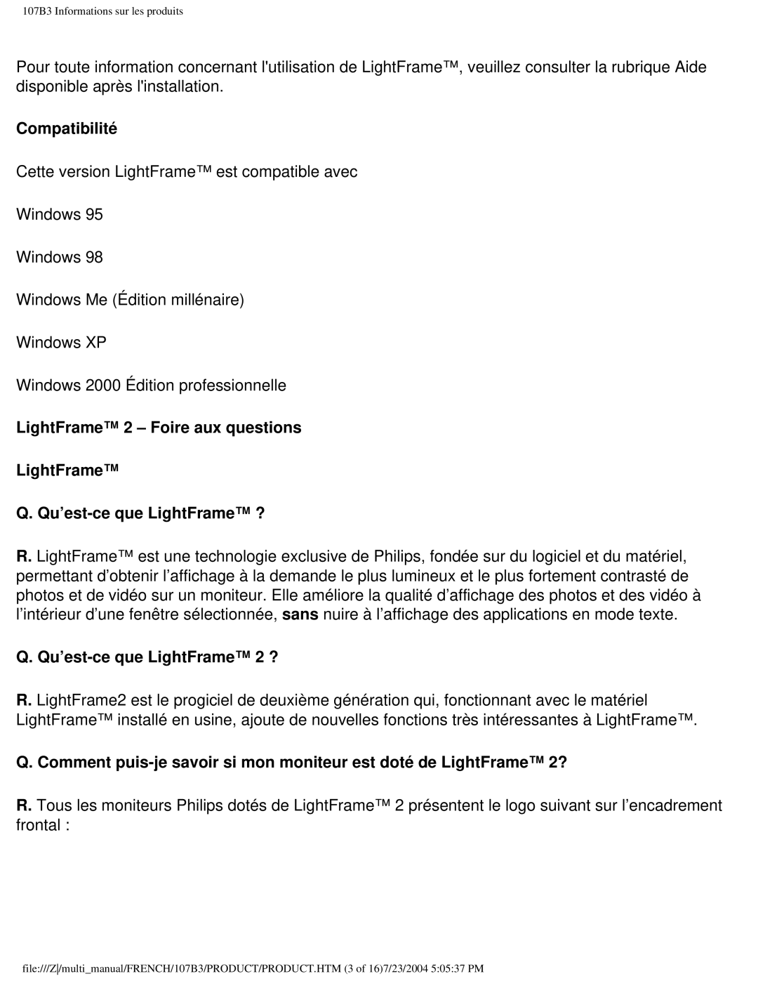 Philips 107B3 Compatibilité, LightFrame 2 Foire aux questions Qu’est-ce que LightFrame ?, Qu’est-ce que LightFrame 2 ? 