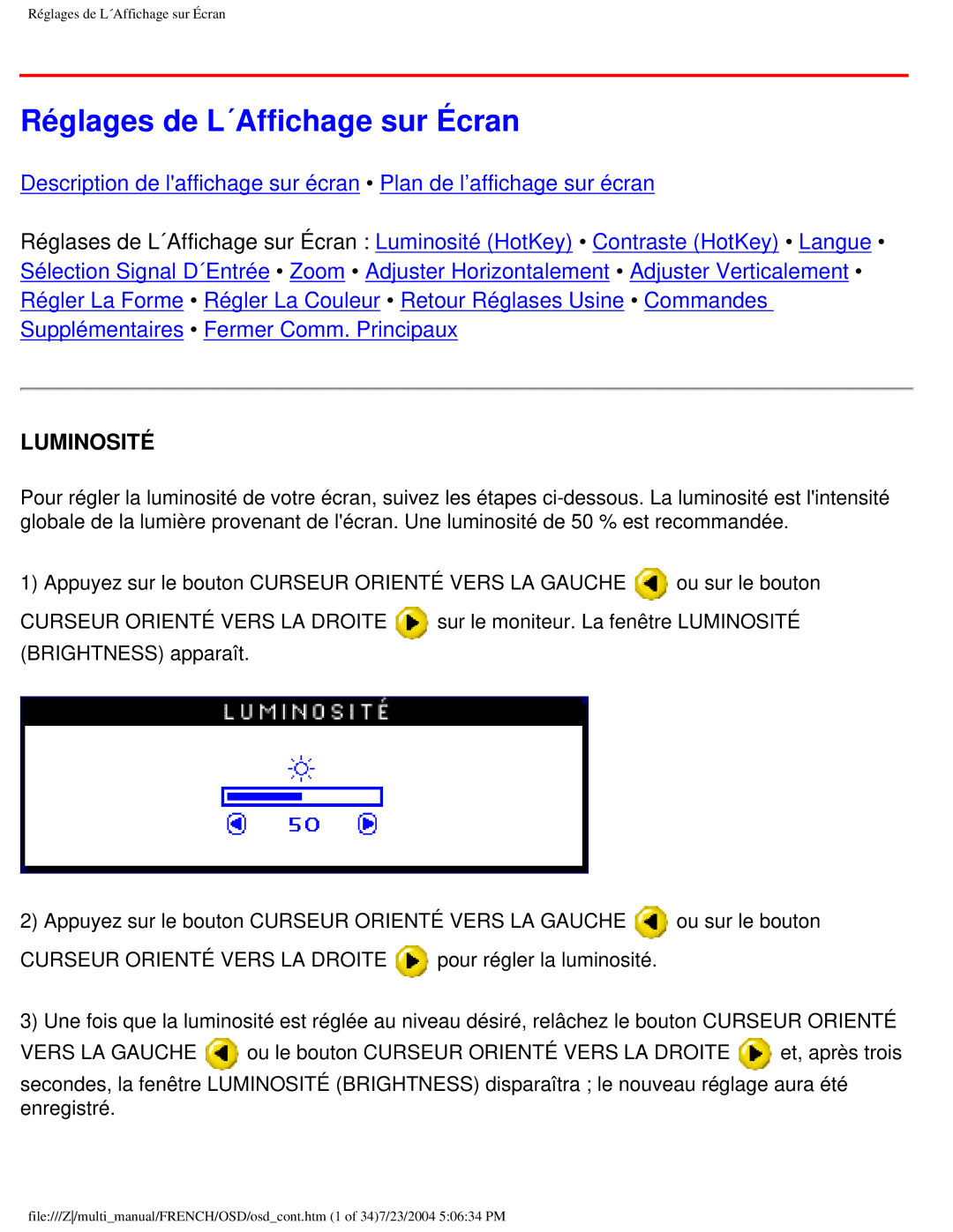 Philips 107B3 user manual Réglages de L´Affichage sur Écran, Luminosité 