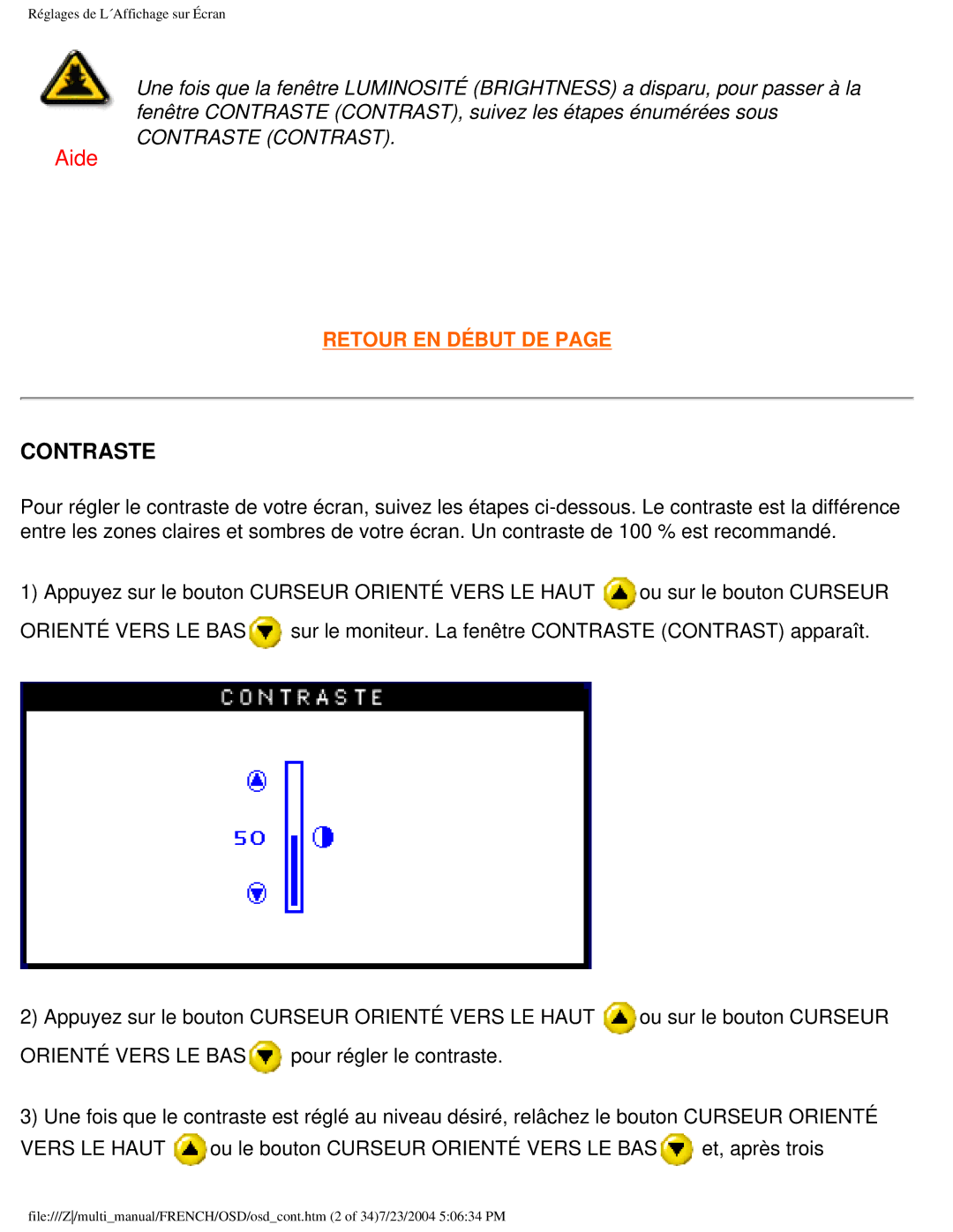 Philips 107B3 user manual Aide, Contraste 