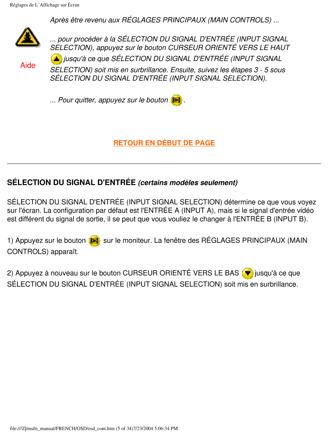 Philips 107B3 user manual Sélection DU Signal Dentrée certains modèles seulement 