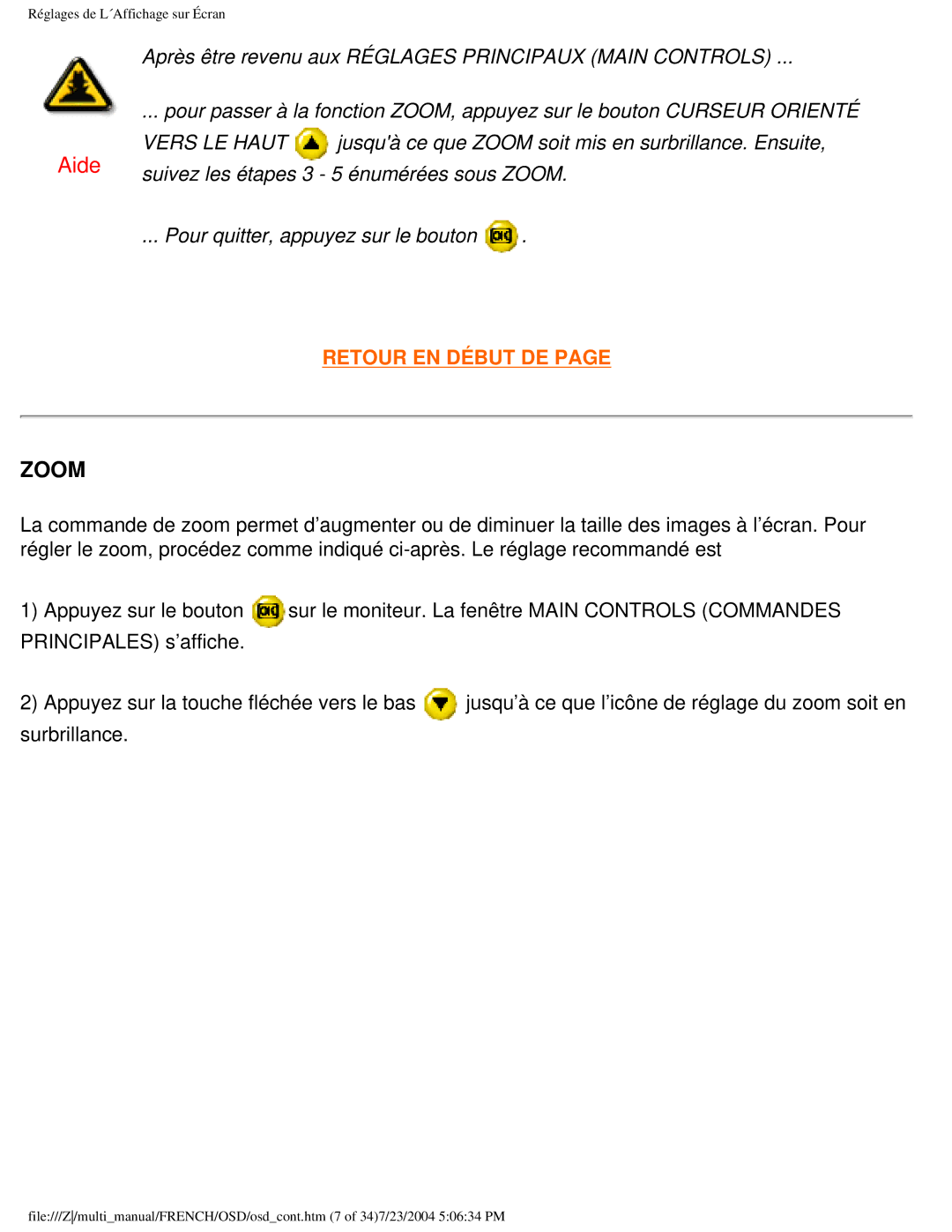 Philips 107B3 user manual Zoom, Vers LE Haut 