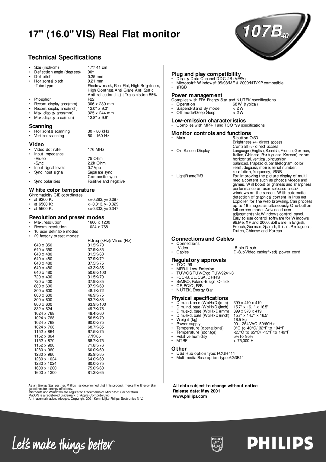 Philips 107B40 Scanning, Video, White color temperature, Resolution and preset modes, Plug and play compatibility, Other 