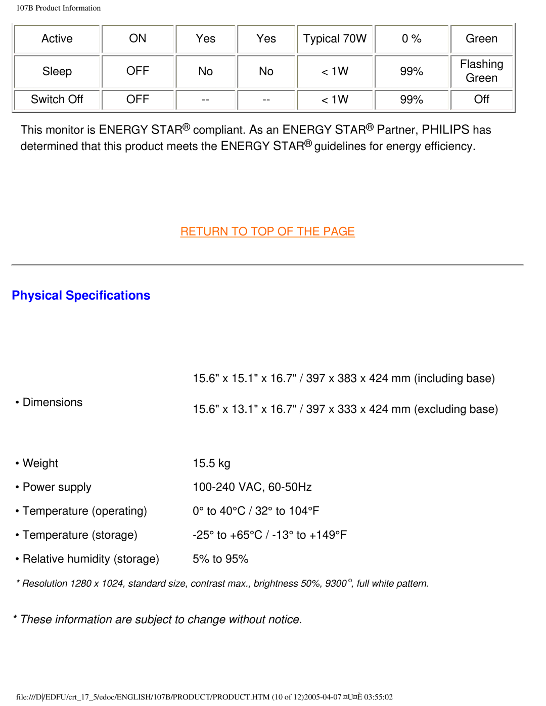 Philips 107B50 user manual Physical Specifications 